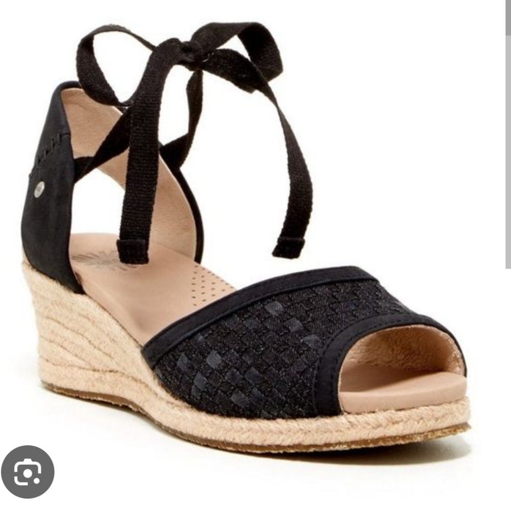 UGG Wedge Sandals Delmar Espadrille Tie Straw Heel Black Woven Suede Ties SZ 6.5